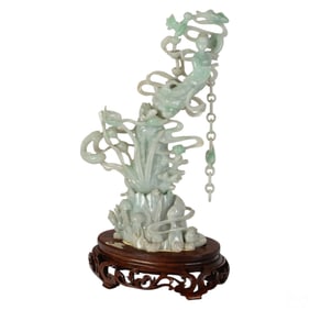 Chinese Carved Green Jade Figure & Lotus w/ Chain