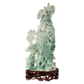 Chinese Carved Jade Grapevine Lidded Urn Vase