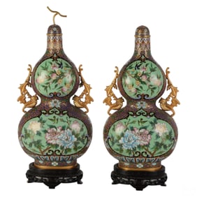 Chinese Pair of Double Gourd Cloisonne Enamel Urns