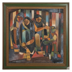 Harish Raut 1925-2002 Abstract Cubist Oil Painting
