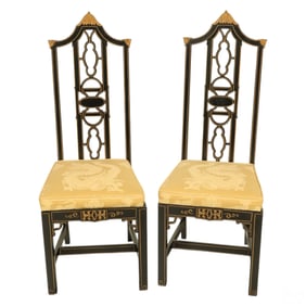 Pair of Chinoiserie Black Lacquer Gold Trim Chairs