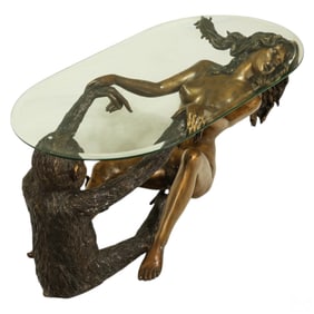 Nude Girl and Chimp Bronze Glass Top Coffee Table