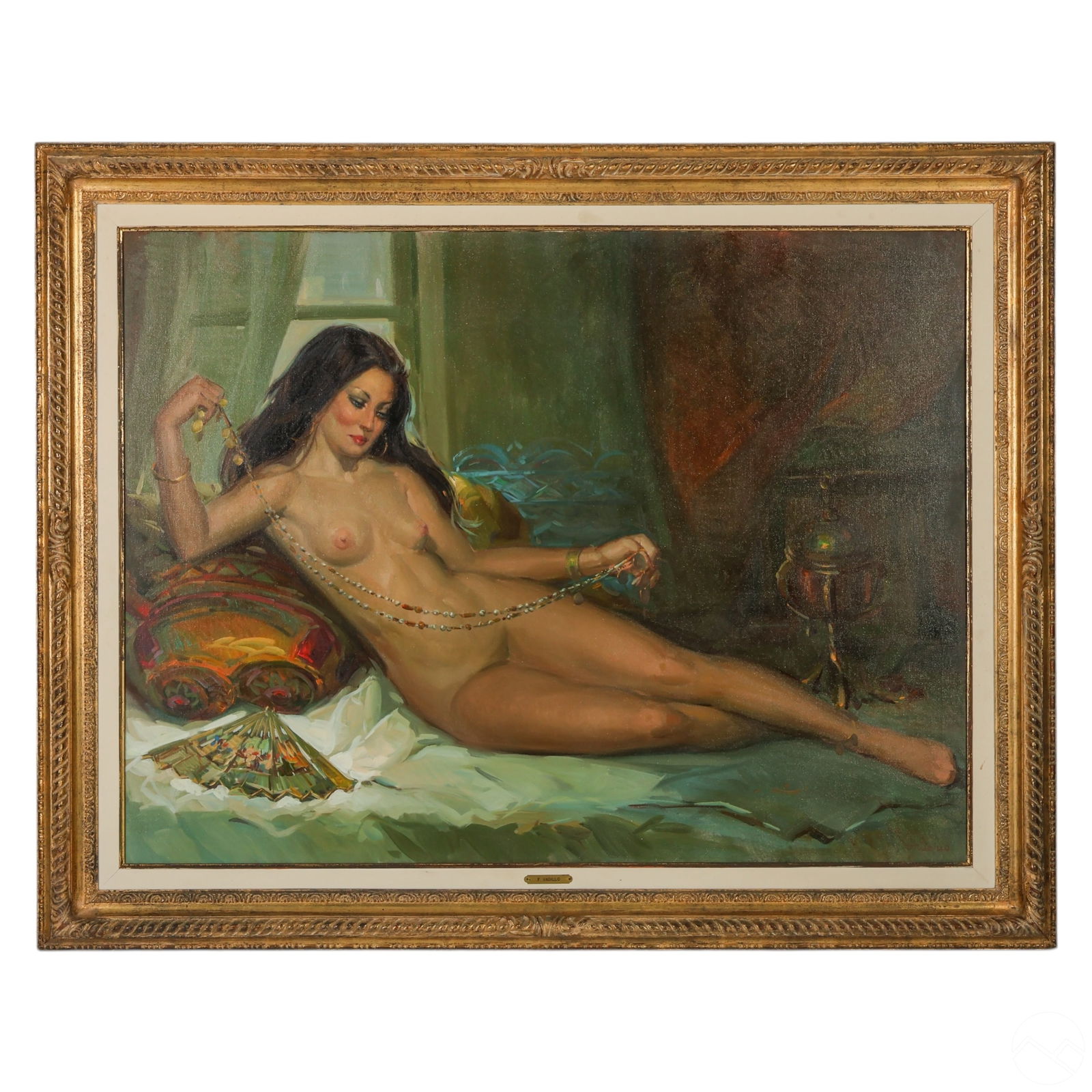 Francisco Vadillo b.1933 Recumbent Nude Painting: Francisco Vadillo (Venezuelan, born 1933), original oil on canvas Latin American painting titled La Favorita (1988). This composition depicts a reclining nude with long, flowing dark hair, lounging on