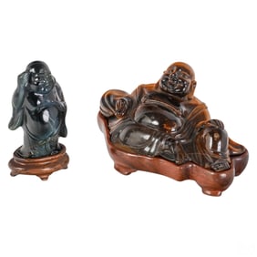 Chinese Tiger Eye Gemstone Buddha Figures 2pc LOT