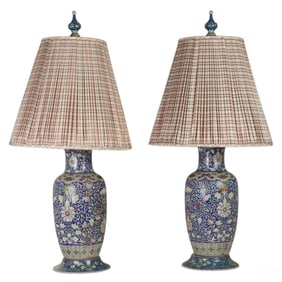 Chinese Pair of Famille Rose Porcelain Table Lamps