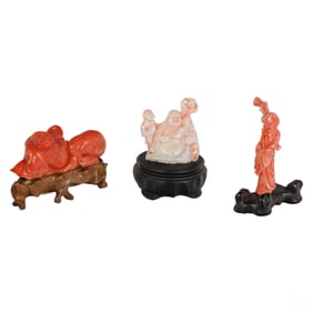 Chinese Pink Angel Skin Coral Buddha Statue 3p LOT