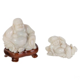 Chinese Carved Natural Opal Buddha Statue 2pc LOT
