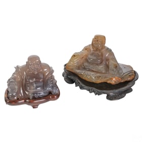 Chinese Natural Agate Carved Buddha Statue 2pc LOT