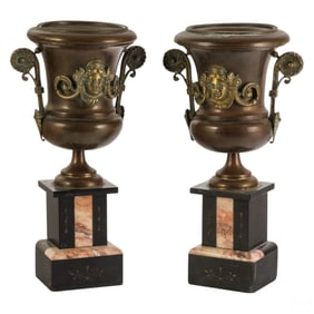 Pair French Neoclassical Style Bronze Marble Urns