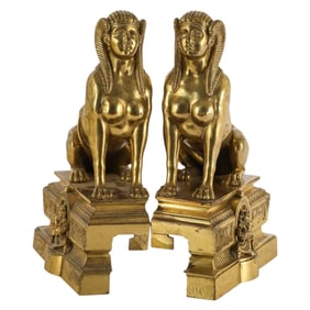 Pair of Egyptian Revival Bronze Sphinx Andirons