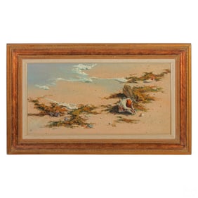 Coastal Seashell and Driftwood Beachscape Painting