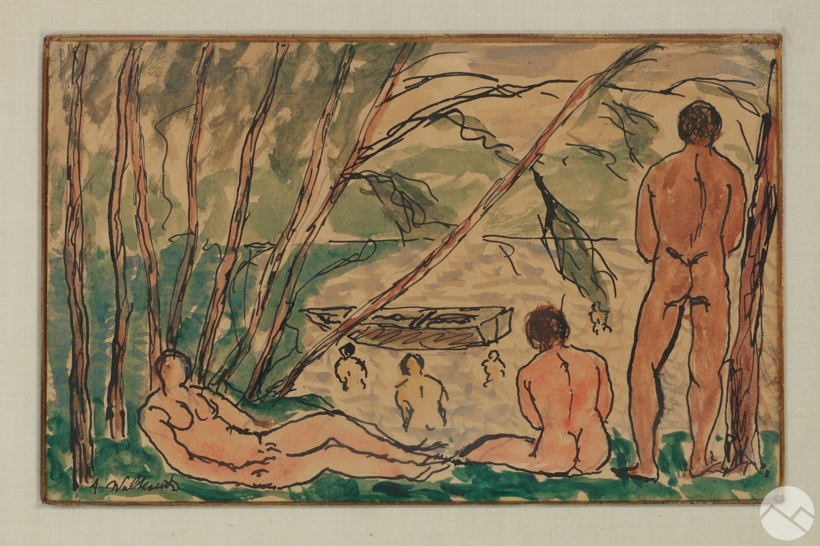 Abraham Walkowitz 1878-1965 Beach Scene Painting: Abraham Walkowitz (Russian-American, 1878-1965), original watercolor and ink drawing, titled "Beach Scene", depicting a group of nude figures in a serene beach setting, framed by trees and a distant s