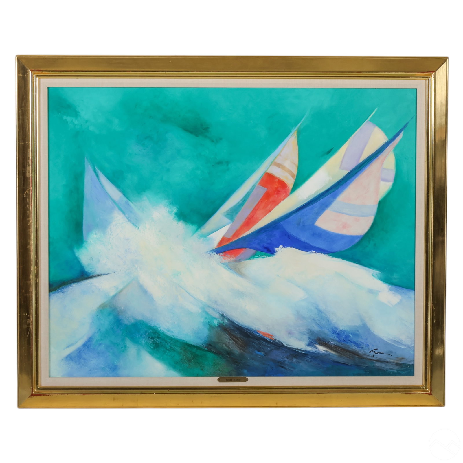 Claude Gaveau (1940-2021) Seascape Oil Painting: Claude Gaveau (French, 1940-2021), original oil on canvas depicting an abstracted maritime scene of sailboats navigating turbulent waters. The artist 's signature use of vibrant color and dynamic comp
