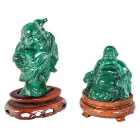 Chinese Carved Malachite Buddha Figurines 2pc LOT