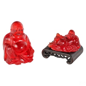 Chinese Cherry Amber Resin Buddha Figures 2pc LOT
