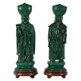 Chinese Pair of Green Malachite Scholar Sculptures