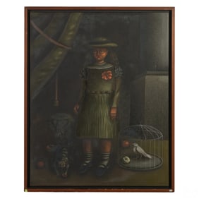 Carmelo Nino b.1951 Surreal Girl & Cage Painting