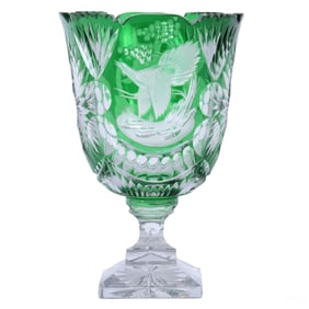 Emerald Green Cut Clear Crystal Glass Vase SIGNED