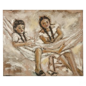Edgar Mata 20/21C Two Girls on a Hammock Painting