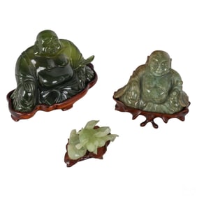 Chinese Green Hardstone Buddha & Fish Figures LOT