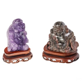 Chinese Carved Amethyst & Hardstone Buddha 2pc LOT