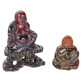 Chinese Carved Amber Seated Buddha Statue 2pc LOT
