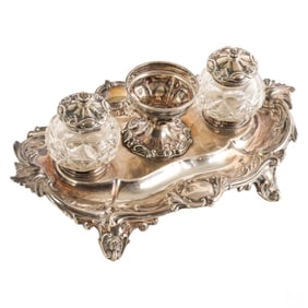 19C English Sterling Double Crystal Inkwell Stand