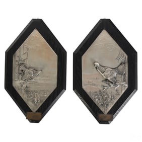 Antique German Silver and Wood Bird Hunt Plaques