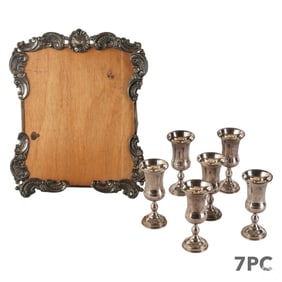 Silver Judaic Kiddush Cups & Silver Frame 7pc LOT