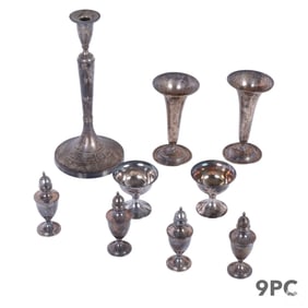 Silver Candlesticks Vases & Salt Shaker LOT 1030g.