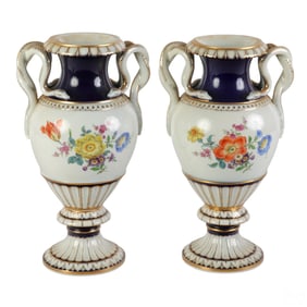 Meissen Pair of Porcelain Snake Handle Urn Vases
