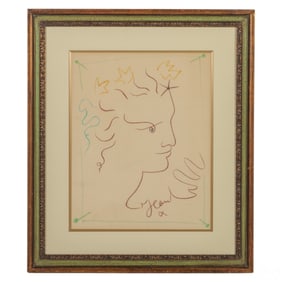 Jean Cocteau 1889-1963 Face Profile Crayon Drawing