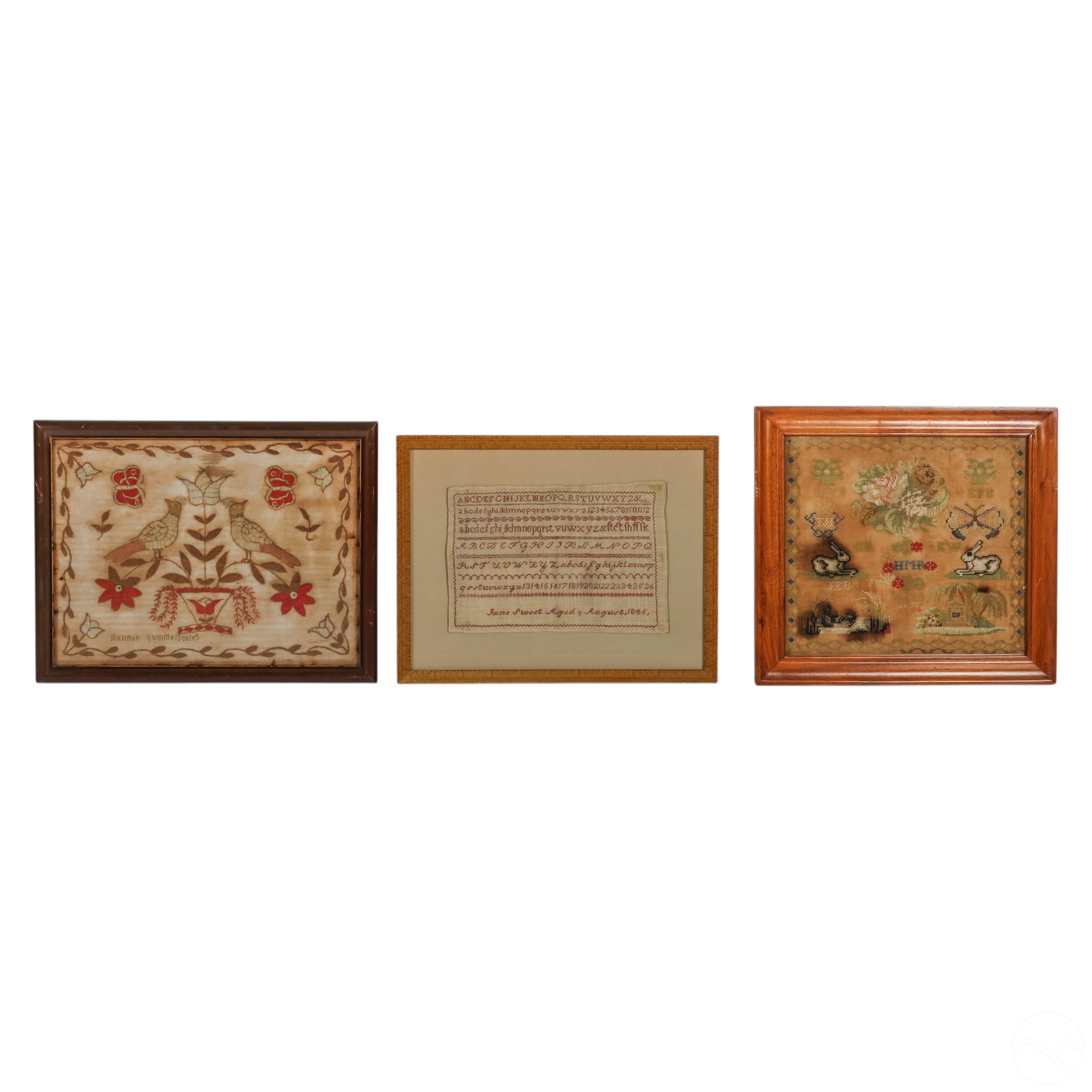 Antique Schoolgirls Needlework Sampler 3 Piece LOT: Estate lot of three 19th-century alphabetic schoolgirl needlework samplers. One features floral motifs, rabbits, butterflies, and decorative initials in soft colors. Another, signed "Jane Sweet, aged