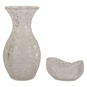 Antique American Brilliant Cut Crystal Vase & Bowl