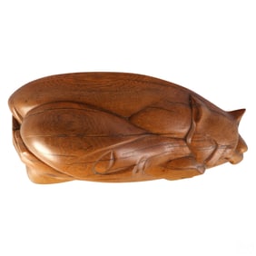 Abstract Wood Sleeping Figure with Cat Sculpture