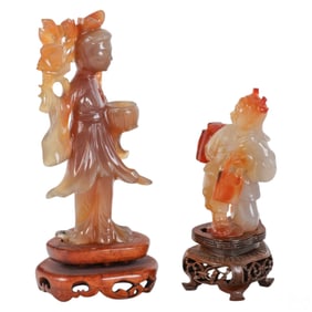 Chinese Carved Natural Agate Buddha Statue 2pc LOT