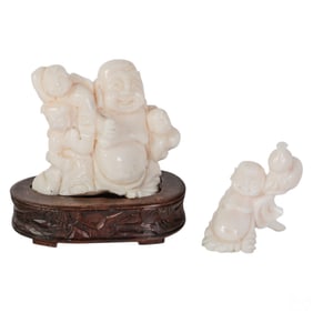 Chinese Carved White Coral Buddha Figures 2pc LOT