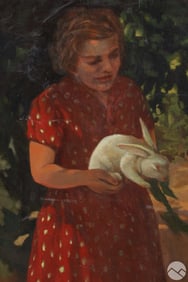 Geza Peske 1859-1934 Girl with Rabbit Oil Painting