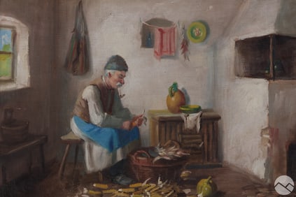 Hungarian Figural Interior Scene Painting SIGNED