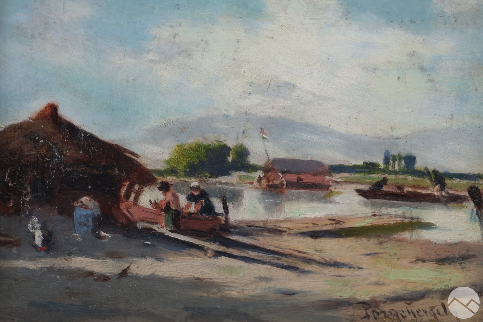 Gergely Porge 1858-1930 Hungarian Lake Painting: Gergely Porge (Hungarian, 1858-1930), an antique oil painting on board depicting a Hungarian landscape. The scene features a structure nestled along a waterway, with figures and a boat under a partly 
