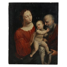 Antique Spanish Holy Family Religious Oil Painting