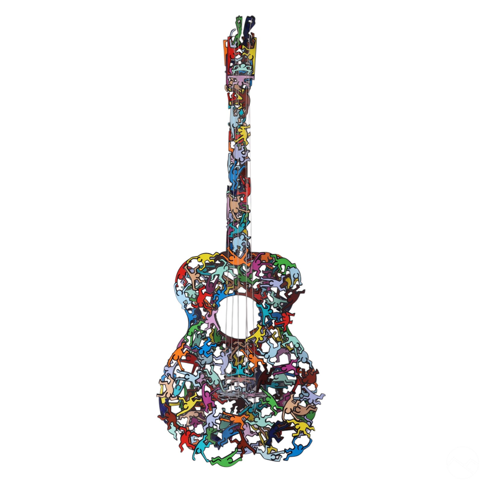David Kracov b1968 Haring Pop Art Guitar Sculpture: David Kracov (American, born 1968), Pop Guitar, limited edition laser-cut enameled metal wall sculpture. This vibrant and energetic composition features a dynamic arrangement of interwoven, brightly c