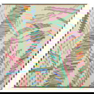 Jordan Davies B.1941 Postmodern Memphis Painting: Jordan Davies (American, born 1941), original acrylic painting on canvas featuring an abstract composition of bold wavy and geometric patterns in vibrant shades of pink, green, blue, and purple set ag