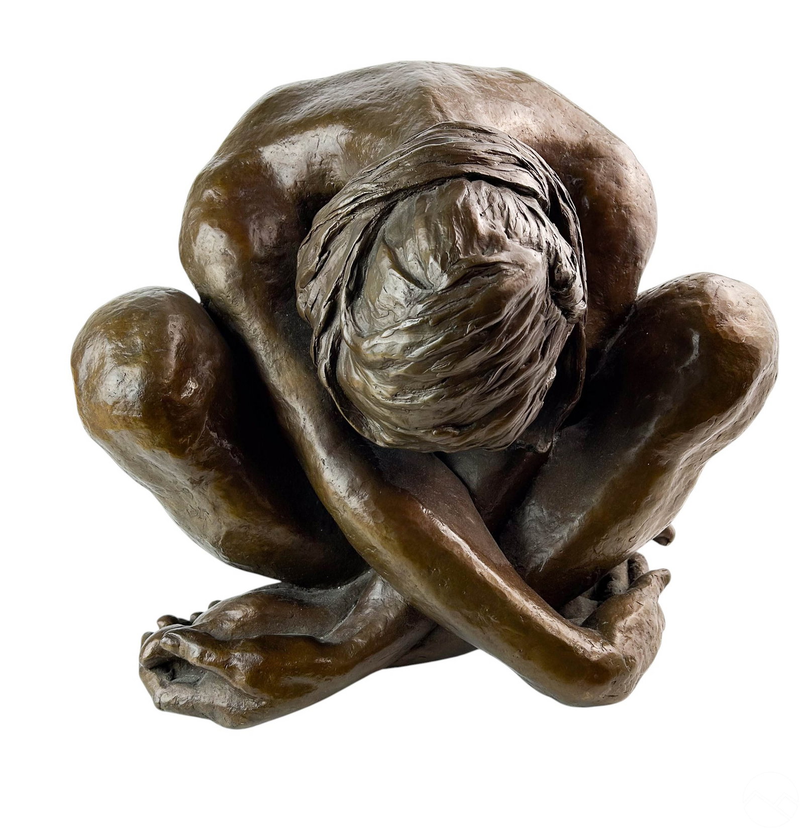 Betty Piker 1926-2015 Weeping Nude Bronze Statue: Betty Piker (American, 1926-2015), limited edition bronze sculpture of a seated woman in a grieving pose, with arms crossed over her knees and head bowed forward. The figure is rendered with anatomica
