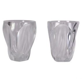 Pair of Lalique French Crystal Modern Ingrid Vases