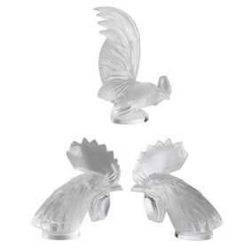 Lalique Crystal Figural Roosters Sculpture 3pc LOT