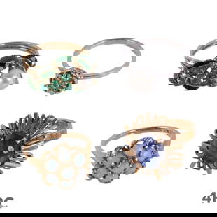 14K Opal Sapphire Diamond & Emerald Rings 4pc LOT: Estate lot of four 14K yellow gold rings, each featuring a distinct gemstone design. The lot includes one ring set with a synthetic star sapphire (size 5.25), one accented with opals (size 6), one set