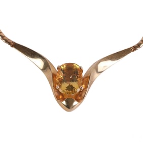 14k Yellow Gold Citrine Retro Statement Necklace