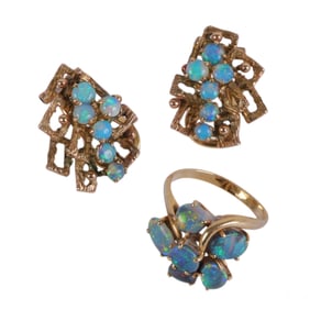 14k Gold Black Australian Opal Earrings & Ring SET