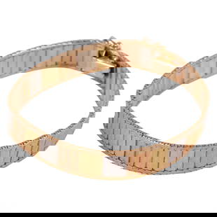 14k Tri Color Gold Italian Designer Bracelet 13.5g: 14K tri-color gold bracelet from Italy, crafted in yellow, white, and rose gold with a textured geometric design. The bracelet is secured with a box clasp and safety latch for added security. Marked 1